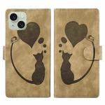 For iPhone 15 Pen Heart Cat Embossed Leather Phone Case(Apricot)