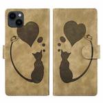 For iPhone 14 Plus Pen Heart Cat Embossed Leather Phone Case(Apricot)