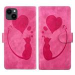 For iPhone 14 Plus Pen Heart Cat Embossed Leather Phone Case(Pink)