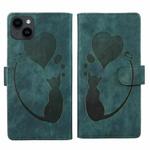 For iPhone 14 Pen Heart Cat Embossed Leather Phone Case(Green)