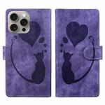 For iPhone 14 Pro Pen Heart Cat Embossed Leather Phone Case(Purple)