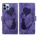 For iPhone 13 Pro Max Pen Heart Cat Embossed Leather Phone Case(Purple)