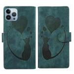 For iPhone 13 Pro Max Pen Heart Cat Embossed Leather Phone Case(Green)