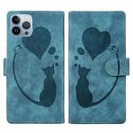 For iPhone 13 Pro Max Pen Heart Cat Embossed Leather Phone Case(Blue)