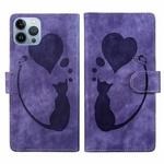 For iPhone 13 Pro Pen Heart Cat Embossed Leather Phone Case(Purple)