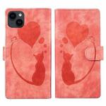 For iPhone 13 Pen Heart Cat Embossed Leather Phone Case(Orange)