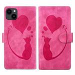 For iPhone 13 Pen Heart Cat Embossed Leather Phone Case(Pink)
