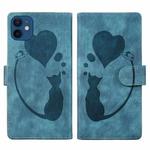 For iPhone 12 Pen Heart Cat Embossed Leather Phone Case(Blue)