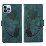 For iPhone 12 Pro Max Pen Heart Cat Embossed Leather Phone Case(Green)
