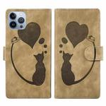 For iPhone 12 Pro Pen Heart Cat Embossed Leather Phone Case(Apricot)