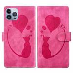 For iPhone 12 Pro Pen Heart Cat Embossed Leather Phone Case(Pink)