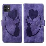 For iPhone 11 Pen Heart Cat Embossed Leather Phone Case(Purple)