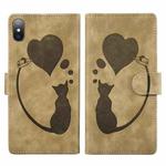 For iPhone X / XS Pen Heart Cat Embossed Leather Phone Case(Apricot)