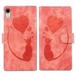 For iPhone XR Pen Heart Cat Embossed Leather Phone Case(Orange)