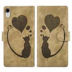 For iPhone XR Pen Heart Cat Embossed Leather Phone Case(Apricot)