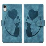 For iPhone XR Pen Heart Cat Embossed Leather Phone Case(Blue)