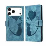 For iPhone 17 Pro Max Pen Heart Cat Embossed Leather Phone Case(Blue)
