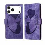 For iPhone 17 Pro Pen Heart Cat Embossed Leather Phone Case(Purple)