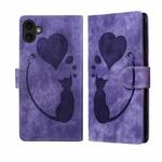 For iPhone 17 Pen Heart Cat Embossed Leather Phone Case(Purple)