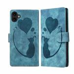 For iPhone 17 Pen Heart Cat Embossed Leather Phone Case(Blue)