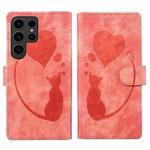 For Samsung Galaxy S24 Ultra 5G Pen Heart Cat Embossed Leather Phone Case(Orange)