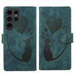 For Samsung Galaxy S24 Ultra 5G Pen Heart Cat Embossed Leather Phone Case(Green)