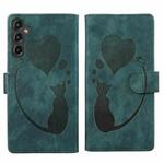 For Samsung Galaxy S24 5G Pen Heart Cat Embossed Leather Phone Case(Green)