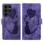 For Samsung Galaxy S23 Ultra 5G Pen Heart Cat Embossed Leather Phone Case(Purple)