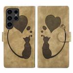 For Samsung Galaxy S23 Ultra 5G Pen Heart Cat Embossed Leather Phone Case(Apricot)