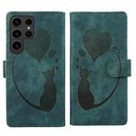 For Samsung Galaxy S23 Ultra 5G Pen Heart Cat Embossed Leather Phone Case(Green)