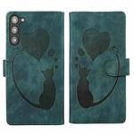 For Samsung Galaxy S23+ 5G Pen Heart Cat Embossed Leather Phone Case(Green)