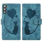 For Samsung Galaxy S23+ 5G Pen Heart Cat Embossed Leather Phone Case(Blue)