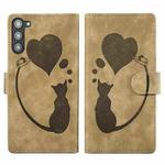 For Samsung Galaxy S23 5G Pen Heart Cat Embossed Leather Phone Case(Apricot)