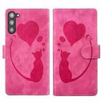 For Samsung Galaxy S23 5G Pen Heart Cat Embossed Leather Phone Case(Pink)