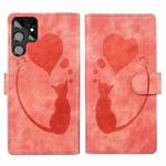 For Samsung Galaxy S22 Ultra 5G Pen Heart Cat Embossed Leather Phone Case(Orange)