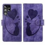 For Samsung Galaxy S22 Ultra 5G Pen Heart Cat Embossed Leather Phone Case(Purple)