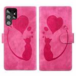 For Samsung Galaxy S22 Ultra 5G Pen Heart Cat Embossed Leather Phone Case(Pink)