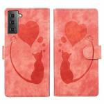 For Samsung Galaxy S22+ 5G Pen Heart Cat Embossed Leather Phone Case(Orange)