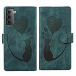 For Samsung Galaxy S22+ 5G Pen Heart Cat Embossed Leather Phone Case(Green)
