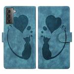 For Samsung Galaxy S22+ 5G Pen Heart Cat Embossed Leather Phone Case(Blue)