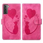 For Samsung Galaxy S22+ 5G Pen Heart Cat Embossed Leather Phone Case(Pink)