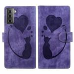 For Samsung Galaxy S22 5G Pen Heart Cat Embossed Leather Phone Case(Purple)