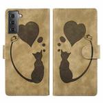 For Samsung Galaxy S22 5G Pen Heart Cat Embossed Leather Phone Case(Apricot)