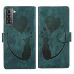 For Samsung Galaxy S22 5G Pen Heart Cat Embossed Leather Phone Case(Green)