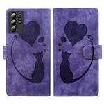 For Samsung Galaxy S21 Ultra 5G Pen Heart Cat Embossed Leather Phone Case(Purple)