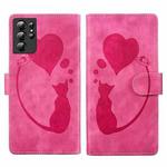 For Samsung Galaxy S21 Ultra 5G Pen Heart Cat Embossed Leather Phone Case(Pink)