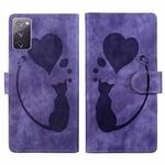 For Samsung Galaxy S20 FE 5G Pen Heart Cat Embossed Leather Phone Case(Purple)