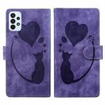 For Samsung Galaxy A53 5G Pen Heart Cat Embossed Leather Phone Case(Purple)