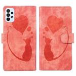 For Samsung Galaxy A33 5G Pen Heart Cat Embossed Leather Phone Case(Orange)