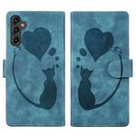For Samsung Galaxy A25 5G Pen Heart Cat Embossed Leather Phone Case(Blue)